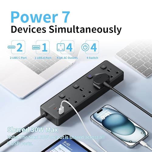 Extension Lead with 3 USB Slots(30W),4 Way Sockets Outlets Ports Extension Cable with 4 Individual Switches Surge Protected，Wall Mountable Extension Socket for Home,Office,School,2M,Black thumbnail 3
