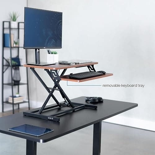 VIVO Height Adjustable 32 inch Stand Up Desk Converter, Quick Sit to Stand Tabletop Dual Monitor Riser Workstation, Dark Walnut Desktop, Black Frame, DESK-V000SD thumbnail 8