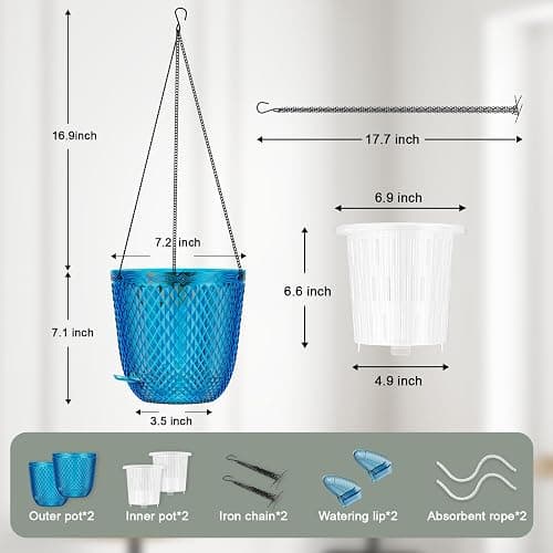 QCQHDU Hanging Planters for Indoor Plants, 2-Pack 7.2 Inch Self Watering Hanging Pots, Plastic Plant Hanger with Drainage Holes and 3 Hooks Chains for Garden Home (Klein Blue) thumbnail 3