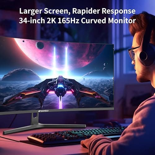 SANSUI 34-Inch Curved Gaming Monitor UWQHD 3440 x 1440 Up to 165Hz Curved 1500R - PIP/PBP, 1ms(MPRT), HDR, 300nits, sRGB 125%, DCI-P3 95%,FreeSync,HDMIx2,DP1.4 x2 (DP Cable Included) thumbnail 9