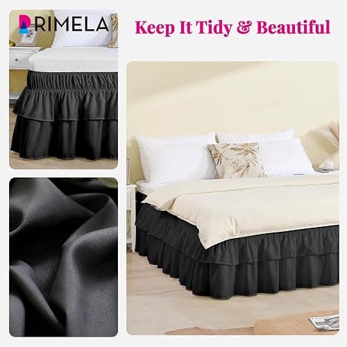 RIMELA Queen Size Ruffle Bed Skirt 16 Inch Drop - Black Double Layered Wrap Around Dust Ruffle, Romantic Cute Design Bedskirt with High-Density Fabric, Soft Stretchy, Easy Install for Queen Bed thumbnail 3