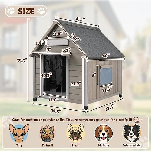 Ketive Outdoor Dog House, Weather-Resistant Wooden Shelter, Up to 60 lb | Reinforced iron frame, sloped asphalt roof, PVC door flap, adjustable vent window and raised feet for patios and backyards. thumbnail 2