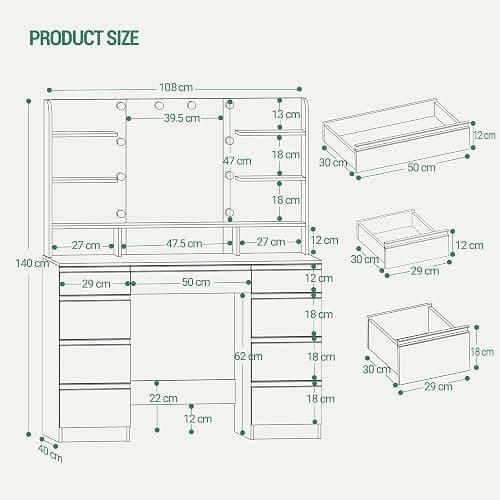 Hzuaneri 9 Drawers Vanity Desk with LED Light, Dressing Table with Large HD Mirror, 9 Open Storage Spaces Makeup Vanity for Bedroom, 3 Color Bulbs, White Gold DT35703XCA thumbnail 2