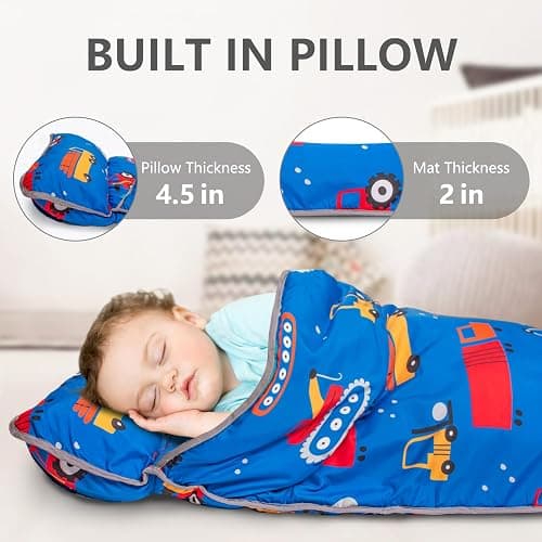 Primlect Thickened Toddler Nap Mat with Removable Pillow and Minky Blanket, Extra Large 55''x35'' Sleeping Bag, Washable, Roll up, Perfect for Daycare, Preschool, Kindergarten, Boys and Girls Blue Car thumbnail 5