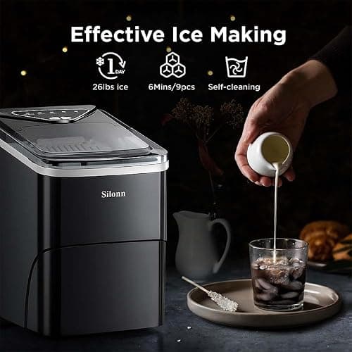 Silonn Ice Maker Countertop, 9 Cubes Ready in 6 Mins, 26lbs in 24Hrs, Self-Cleaning Ice Machine with Ice Scoop and Basket, 2 Sizes of Bullet Ice for Home Kitchen Office Bar Party thumbnail 4