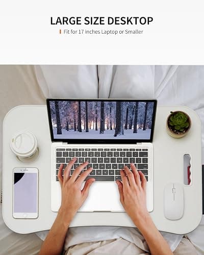 FISYOD Foldable Laptop Table, Portable Lap Desk Bed Table Tray, Laptop Stand with Cup Holder & Tablet Slot & Lifting Handle for Working Writing Drawing & Eating (White) thumbnail 5