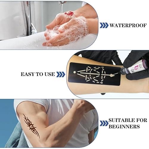 Temporary Tattoo Kit with 24 Bottles 12-Color Ink, 155 Tattoo Stencils | DIY Fake Tattoos for Adults, Men, Women, Teens, Perfect for Parties, Festivals, Body & Hand Painting thumbnail 4