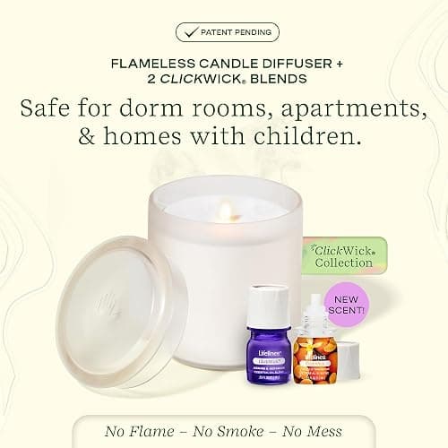 Lifelines Flameless Candle Aromatherapy Essential Oil Diffuser with 2 ClickWick Essential Oil Blends - Cordless & Waterless Diffuser for Home - Scented Electric Candles Blow Out Flame - Frosted Cream thumbnail 2