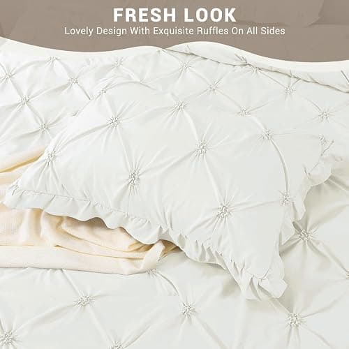 JOLLYVOGUE Ivory Full Size Comforter Sets 7 Pieces, Pintuck Bed in a Bag Comforter Set for Bedroom, Bedding Comforter Sets with Comforter, Sheets, Ruffled Shams & Pillowcases thumbnail 9