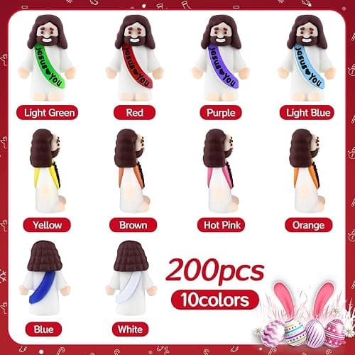 SUNYIWJIE 200Pcs 10-Color Little Jesus Figures, Mini Jesus Figurines in Bulk, Jesus Loves You Figures, Pocket Jesus Tiny Statues, Easter Egg Filler, Christmas Religious Decoration (200) thumbnail 4