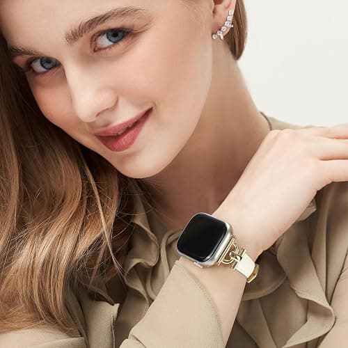 Leather Band Compatible with Apple Watch Bands for Women, Dressy Fancy Strap for iWatch Series 11/10/9/8/7/6/5/4/3/2/1/se(38mm 40mm 41mm 42mm,Starlight/Gold) thumbnail 5
