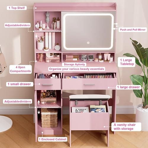 Hogxp Vanity Desk with Sliding Mirror & Power Outlets - Dimmable LED Lighting, 4 Open Shelves, 2 Drawers, 1Storage Cabinet & Padded Stool - Ideal Bedroom Makeup Dressing Table （Pink） thumbnail 4