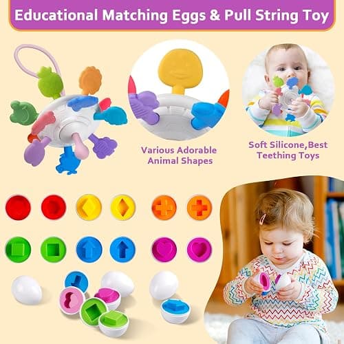 Baby Toys for 6 to 12 Months, Montessori Sensory Bins Toys for Toddlers 1-3, Pull String Teether Infants Bath Toys 6 in 1 Stacking Blocks Rings, Matching Eggs, Suction Cup Spinner Toy thumbnail 5