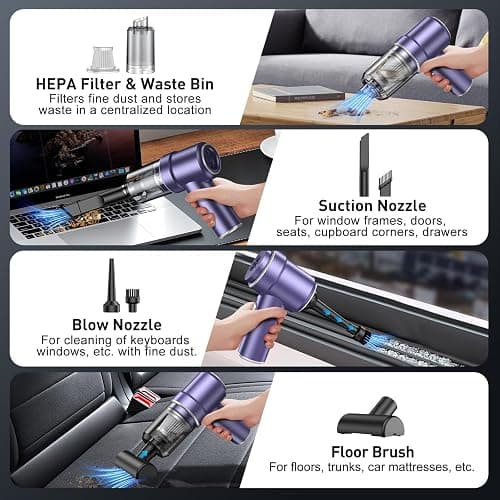 KMM Handheld Car Vacuum Cleaner, 9000PA Vacuum Cleaner & Air Duster, 120W High Power Vacuum Portable Cordless, Hand Held Vacuum Rechargeable with Multi-Nozzles & LED Light for Home, Car, Office thumbnail 5
