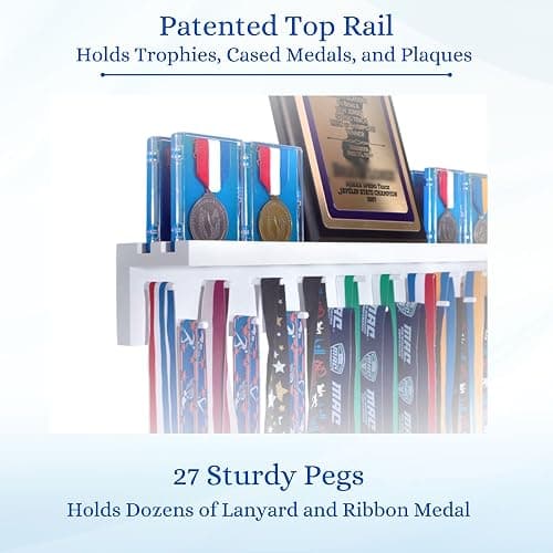 3ft Medal Hanger Display for Wall — Trophy Shelf with Hooks for Medals — 36" Solid Wood — Holds 30+ Medals + Cased Medals for Running, Gymnastics, Cheer, Karate — White- Medal Awards Rack thumbnail 4