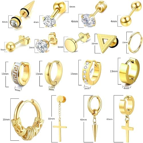 17 Pairs Earrings for Men, Stainless Steel Earrings For Men Sensitive Skin, Fashion Earring Piercing Jewelry Cross Dangle Hoop Earrings Kit Studs Long-lasting Shine thumbnail 2