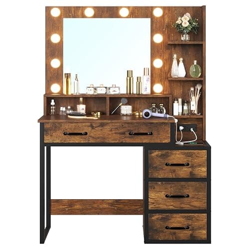 Tiptiper Vintage Makeup Vanity with Lights in 3 Colors, Vanity Table with Charging Station of 2 USB Ports and Outlets, Vanity Desk with Large Mirror, Drawers and Shelves, Rustic Brown and Black thumbnail 9