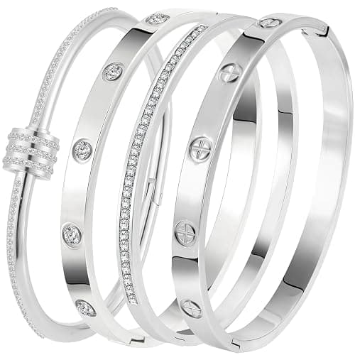 Camhanno Stainless Steel Bangle Bracelet Set for Women - Silver/Gold Love Bangle Non Tarnish Jewelry with Sparkling Crystal Inlay for Love Gifts - Image 1
