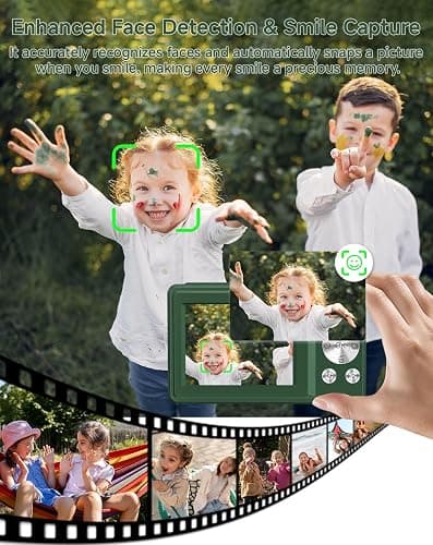 Digital Camera for Kids, FHD 1080P 44MP Point and Shoot Digital Camera with Face Detect, Smile Capture, 16X Zoom, 20 Filters, Anti Shake, 32GB SD Card Green Compact Vintage Camera thumbnail 5