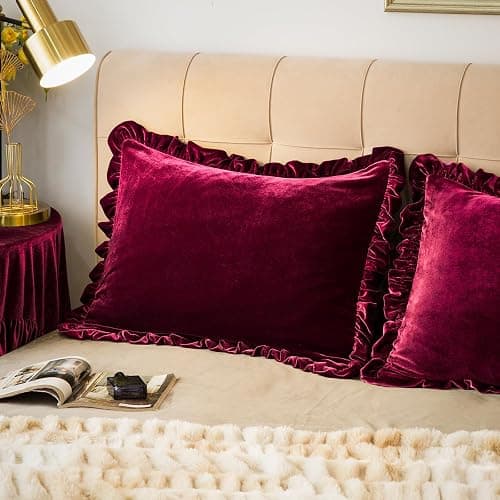 GLORY SEASON Velvet Pillow Shams Set of 2 Retro Ruffle Flounces Trim Soft Decorative Luxurious Solid Amaranth Farmhouse Vintage Pillow Cases for Bedroom Decor Standard 20x26 Inch thumbnail 6