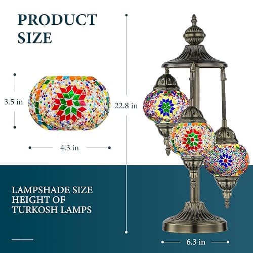 Marrakech Turkish Lamp 3 Globes Moroccan Table Lamp with Bronze Base, 23" Tall Handmade Colorful Tiffany Mosaic Glass Night Light Fixture Including LED Bulb for Living Room Bedroom Decor thumbnail 3