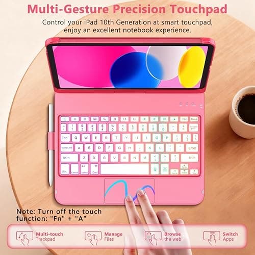FUWANG Touch Keyboard Case for iPad A16 11/10th Gen, 360 Rotating, Hot Pink | Multi-Touch Trackpad, 7-Color Backlit, Pencil Holder, Keyboard for iPad A16 11th 11 inch 2025& 10th Generation 10.9 inch 2022 thumbnail 3