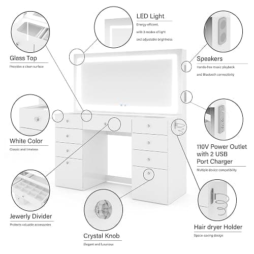 Boahaus Lydia Extra-Large Makeup Vanity Desk, Dimmable LED Mirror, Dual Bluetooth Speakers, 11 Drawers, USB-C & USB-A Ports, 110 V Outlet, Tempered Glass Top & Crystal Knobs thumbnail 7