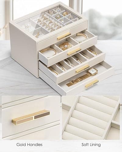 Vlando 4 Layer Jewelry Box for Women, Glass Lid Jewelry Organizer with 4 Drawers for Necklaces Rings Earrings Bracelets - Cloud White thumbnail 6