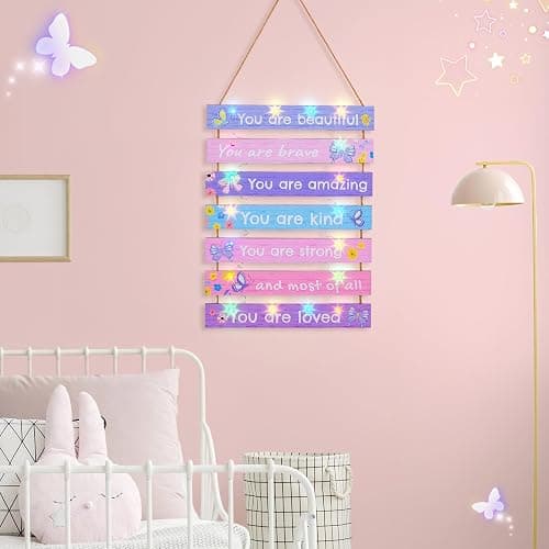 FIOBEE Girls Room Decor LED Light Wood Wall Motivational Sign Art for Kids | Bedroom Wall Art Decor, Inspirational Sayings, 8 Modes Glowing Lightup, Princess Posters, Studyroom Decoration thumbnail 7