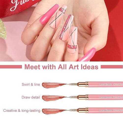 Artdone Metallic Nail Art Pens, Liner Brushes Set, 5PCS Pink Color Nail Tools For Long Lines, Thin Details, Fine Drawing, Liner Brush UV Gel Polish Painting Nail Design Sizes 5/8/12/20/25mm - Pink thumbnail 5