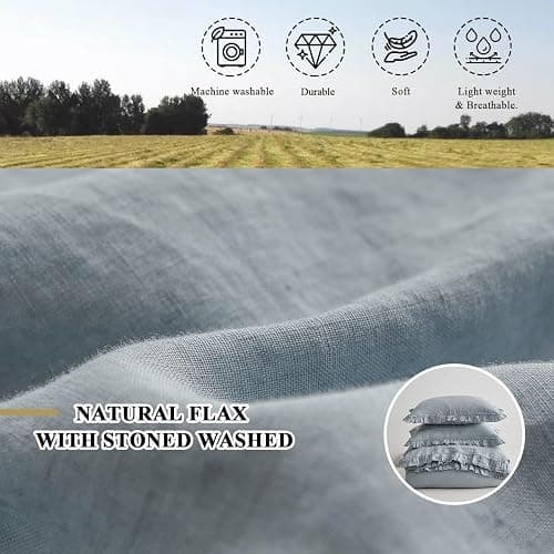 Simple&Opulence 100% Linen Duvet Cover Set, 3 PCS Natural French Flax Dusty Blue Ruffle Duvet Cover Queen Size, Breathable Comfy Linen Bedding Comforter Cover with 2 Pillowcases(Dusty Blue, 88" X 92") thumbnail 5