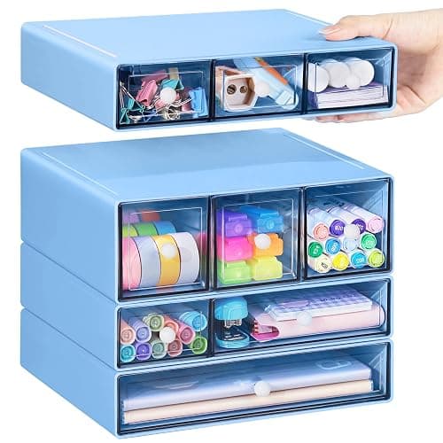 FODIENS Desk Storage Organizer with 9 Drawers, 4 Tiers Stackable Desktop Craft Storage Drawers, Clear Storage Box Caddy for Stationary Makeup Jewelry Office Craft Supplies (Blue) - Image 1