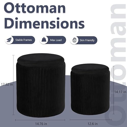 Royal Windsor Round Ottoman with Storage Set of 2,Vanity Stool with Storage for Bedroom, Ottoman Coffee Table,Small Velvet Foot Stool for Living Room, Black thumbnail 3