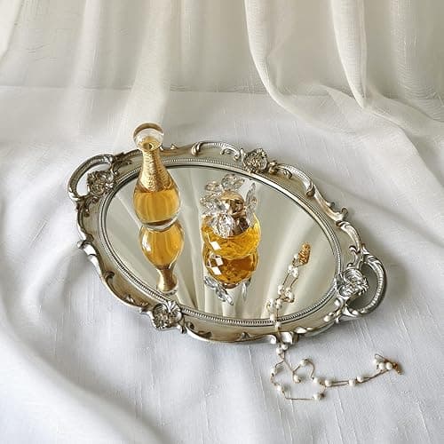 Yamfurga Oval Decorative Mirror Tray, French Style, Makeup Organizer, Jewelry Organizer, Serving Tray, 9.8"x 14.6", Golden Silver - Image 1