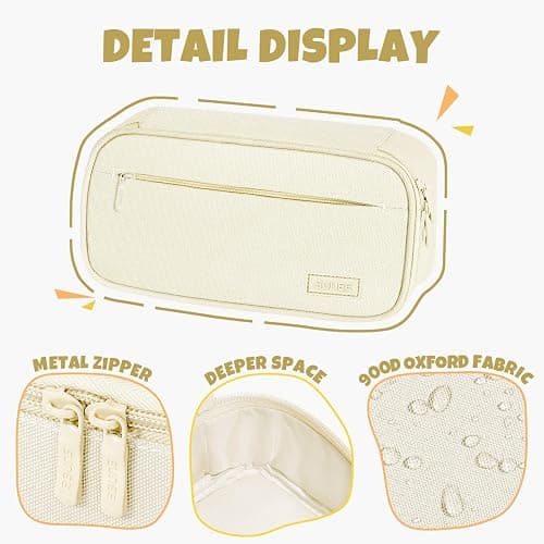 SUNEE Cute Pencil Case, Large Capacity Pencil Pouch, 900D Oxford Big Storage Office Organizer for Stationery, Zipper Pen Bag Makeup Bag, Back to School Supplies for Teen Girls Boys Women Men, Beige thumbnail 6