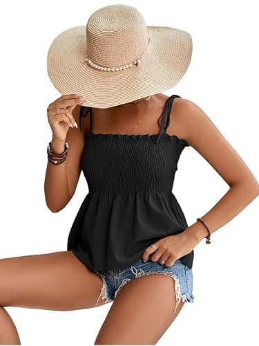 LYANER Women's Cute Summer Tops Tie Shoulder Shirred Ruffle Hem Sleeveless Sexy Cami Blouse Peplum Top thumbnail 5