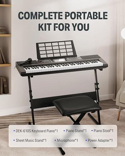 Donner 61 Key Keyboard Piano, Electric Piano Keyboard Kit with 249 Voices, 249 Rhythms - Includes Piano Stand, Stool, Microphone, Gift for Beginners, Black (DEK-610S) thumbnail 7