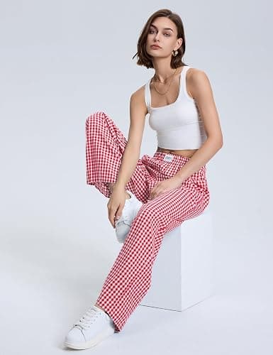 LOMON Womens Striped Gingham Boxer Pants Spring Summer Pajama Lounge Pj Casual Plaid Trousers Y2K Beach Bottoms with Pockets thumbnail 5
