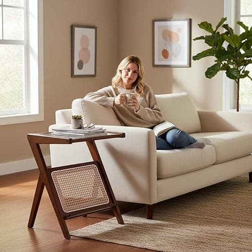 Tiita 2 Pack Rattan Side Table, Mid Century Nightstand, Bamboo Accent Bedside Tables, Glass Coffee Tables, Boho Wooden End Table with Storage for Small Space, Living Room and Bedroom thumbnail 7