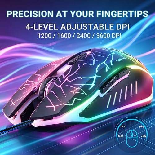 VGUARD Wired Gaming Mouse, 3600 DPI Optical Sensor, RGB Backlit Ergonomic USB PC Mice with 6 Programmable Buttons, 7 Colors LED, Professional Gamer Mouse for Laptop, Computer, Windows/Mac thumbnail 2