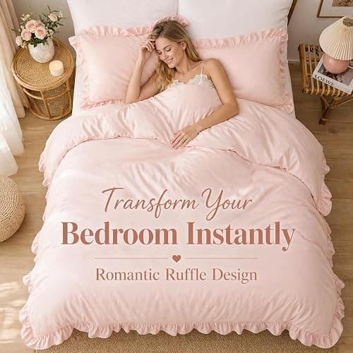 JANZAA WHITE Comforter Set Queen – Soft Microfiber, Lightweight All Season Bedding, Ruffle Shabby Chic Aesthetic, Breathable Cozy Bed Set with 2 Pillow Shams, Machine Washable thumbnail 5