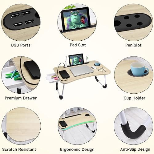 Slendor Lap Desk with Tablet Slot, Foldable Laptop Table with Storage Drawer，Portable Bed Desk for Laptop, Computer Tray with Cup Holder Notebook Stand Reading Holder for Couch Floor, White Maple thumbnail 6