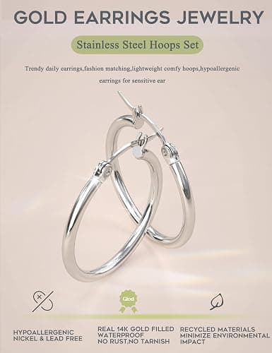 ORAZIO 4 Pairs Stainless Steel Hoop Earrings Set Cute Huggie Earrings for Women,10MM-20MM thumbnail 4