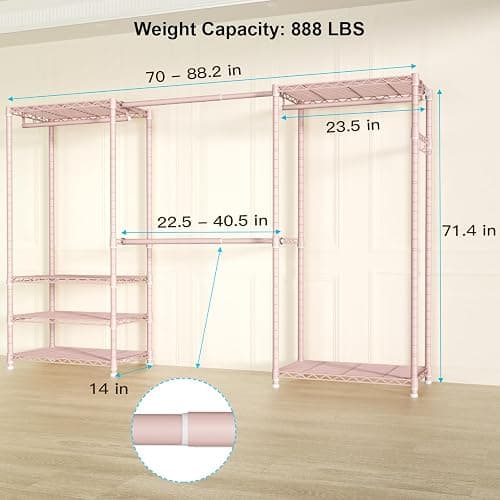 Ulif E1 Heavy Duty Closet Garment Rack, 6 Tiers Adjustable Metal Freestanding Expandable Clothing Storage with 4 Hanger Rods, Easy to Assemble Wardrobe, 71.4" H x (70" - 88.2") L x 14" D, Pink thumbnail 3