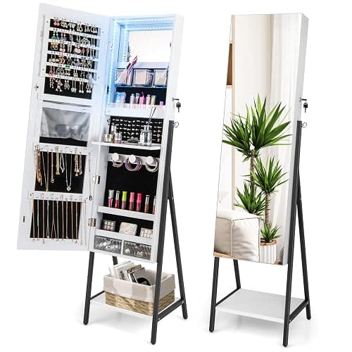 CHARMAID Standing Jewelry Armoire with Full Length Mirror, Lockable Jewelry Cabinet Organizer with Lights, 3 Lighting Modes, Foldable Makeup Tray, Storage Drawers & Shelves (White) - Image 1