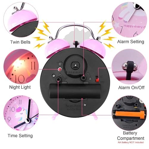 QearFun Unicorn Alarm Clock for Girls Kids, Cute Bedroom Decoration, Non Ticking Silent Second Hand, w/Backlight Super Loud Twin Bell, for Kids Toddlers Unicorn Gifts 1 thumbnail 6