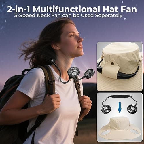 AMACOOL 2-in-1 Hands-Free Hat Fan with Detachable Neck Fan, UPF 50+ Wide Brim Sun Hat, 3-Speed Adjustable, 2600mAh Rechargeable Fishing Essentials for Men Women Camping Travel Delivery Outdoor-Khaki thumbnail 6