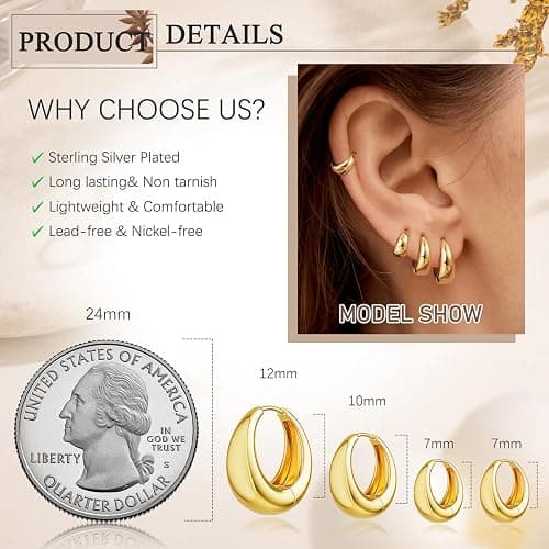 NECOCY 4 Pairs Small Huggie Hoop Earrings for Women, Chunky 14K Gold Plated Earrings Stack Hypoallergenic Lightweight Trendy Cartilage Hoops Earring Set for Multiple Piercing Dainty Minimal Jewelry thumbnail 5