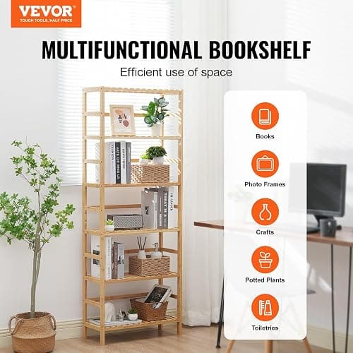 VEVOR 6-Tier Bamboo Shelf, Open Wood Bookshelf, Display Storage Rack Organizer, Freestanding Flower Plant Stand, Multifunctional Bamboo Bookshelf Ideal for Bathroom, Bedroom, Office, Study, Natural thumbnail 4