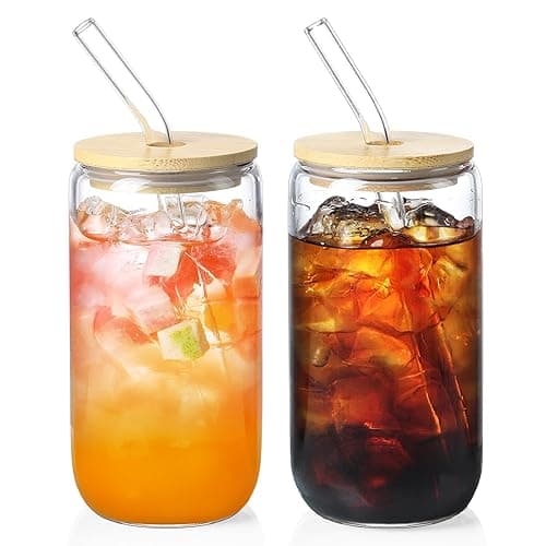 NETANY 2 Pack Glass Cups with Bamboo Lids and Straws 16 oz, Gifts for Women, Drinking glasses set, Iced Coffee Cup, Tea Cup, Cute Aesthetics Tumbler Cup, Mothers Day, Birthday Gifts for Her Mom - 2